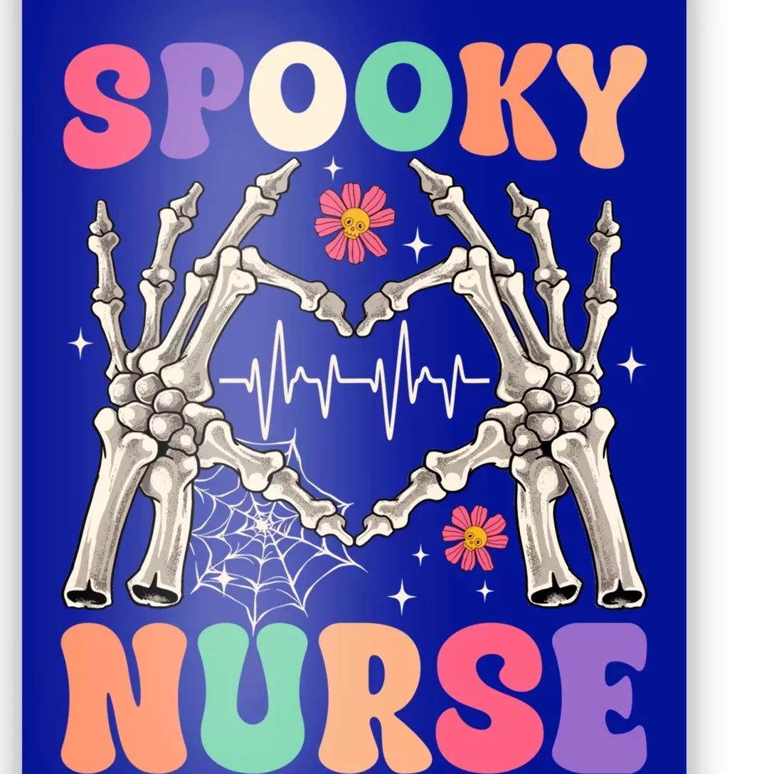 Retro Groovy Spooky Nurse Skeleton Hand Heart Halloween Day Gift Poster