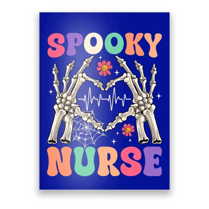 Retro Groovy Spooky Nurse Skeleton Hand Heart Halloween Day Gift Poster