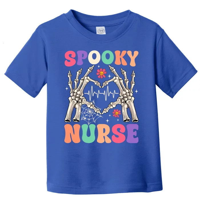 Retro Groovy Spooky Nurse Skeleton Hand Heart Halloween Day Gift Toddler T-Shirt