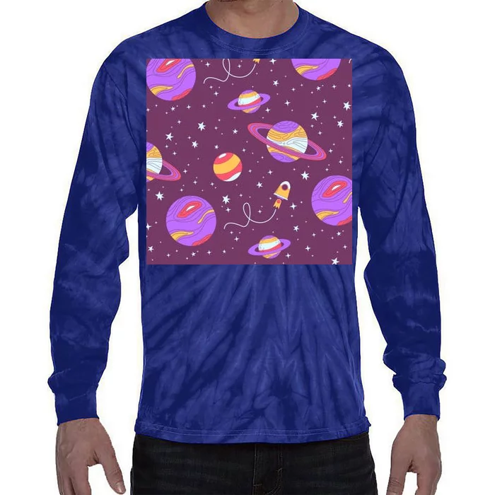 Retro Galaxy Spaceship Tie-Dye Long Sleeve Shirt