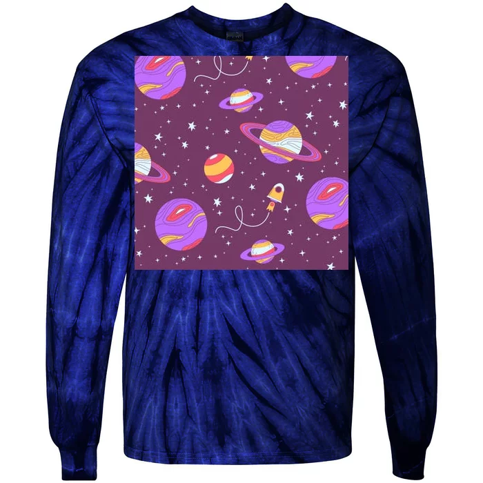 Retro Galaxy Spaceship Tie-Dye Long Sleeve Shirt