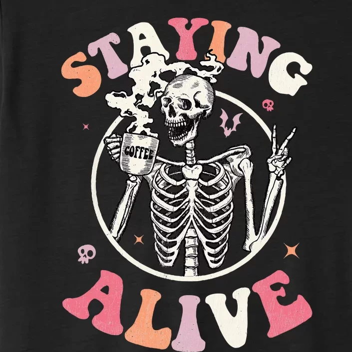 Retro Groovy Skeleton Staying Alive Coffee Halloween Hippie ChromaSoft Performance T-Shirt