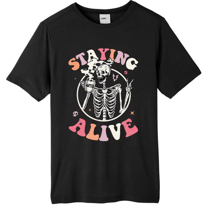 Retro Groovy Skeleton Staying Alive Coffee Halloween Hippie ChromaSoft Performance T-Shirt