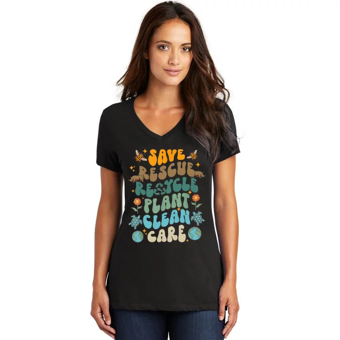 Retro Groovy Save Bees Rescue Animals Recycle Fun Earth Day Women's V-Neck T-Shirt