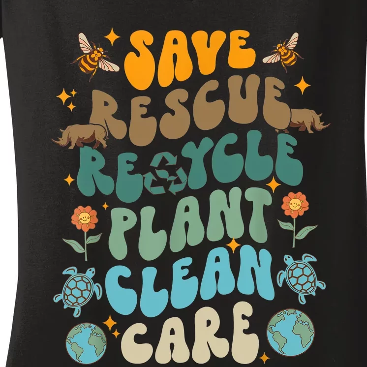 Retro Groovy Save Bees Rescue Animals Recycle Fun Earth Day Women's V-Neck T-Shirt