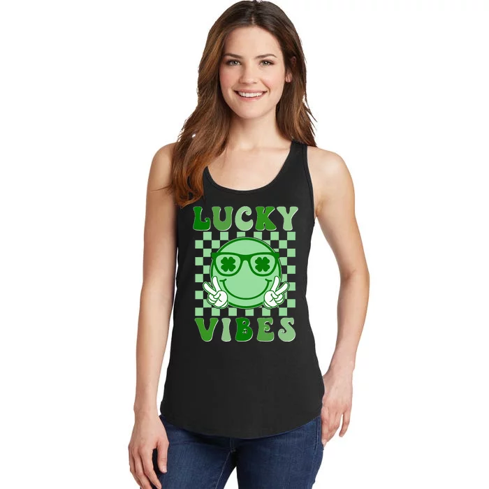 Retro Groovy St Patricks Day Lucky Vibes Hippie Shamrock Ladies Essential Tank