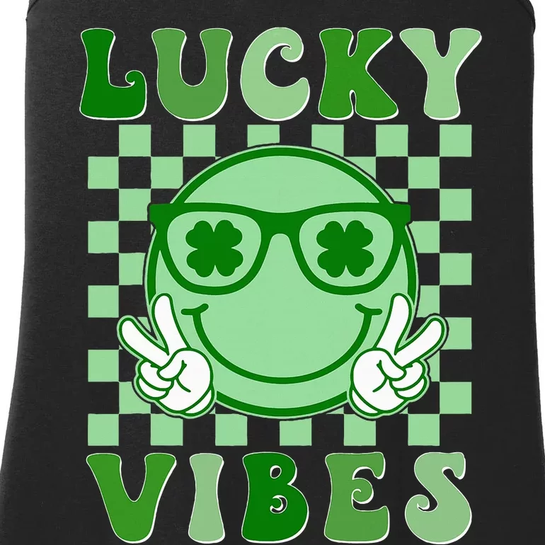 Retro Groovy St Patricks Day Lucky Vibes Hippie Shamrock Ladies Essential Tank