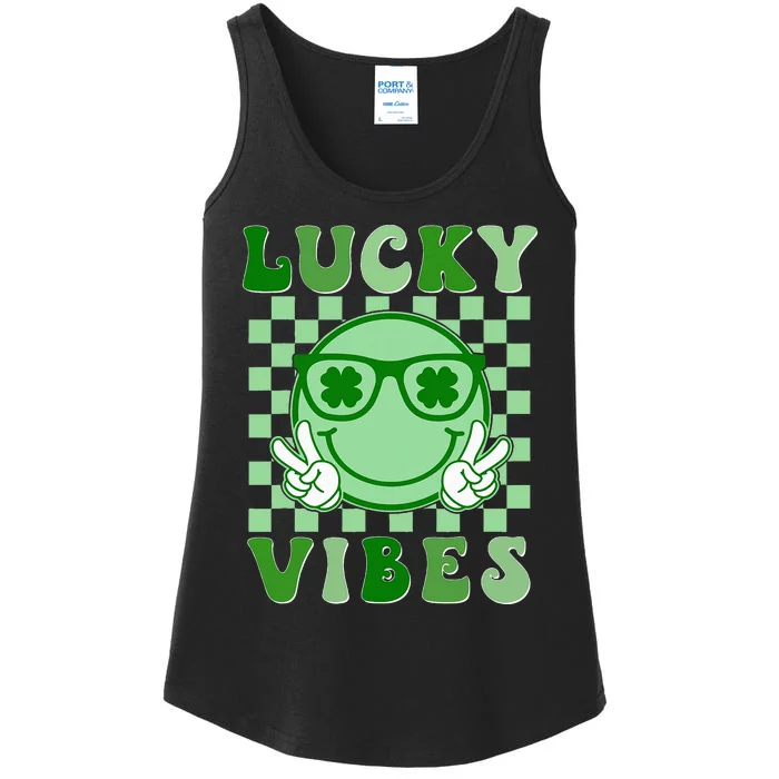 Retro Groovy St Patricks Day Lucky Vibes Hippie Shamrock Ladies Essential Tank