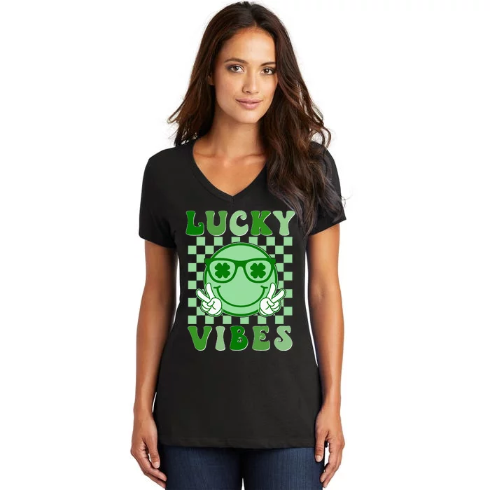 Retro Groovy St Patricks Day Lucky Vibes Hippie Shamrock Women's V-Neck T-Shirt