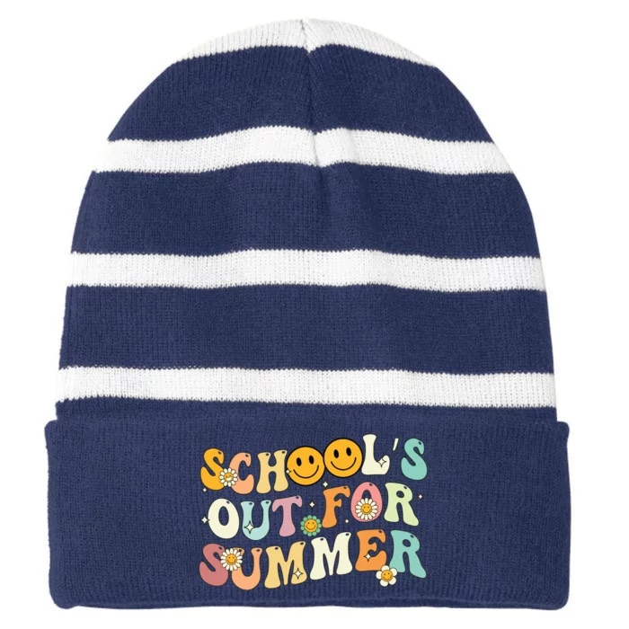 Retro Groovy Schools Out For Summer Graduation Teacher Striped Beanie with Solid Band