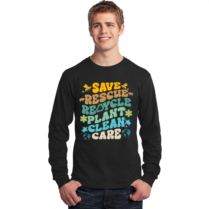 Retro Groovy Save Bees Rescue Animals Recycle Fun Earth Day Long Sleeve Shirt