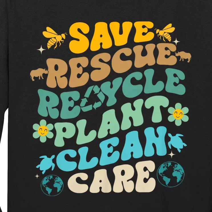 Retro Groovy Save Bees Rescue Animals Recycle Fun Earth Day Long Sleeve Shirt