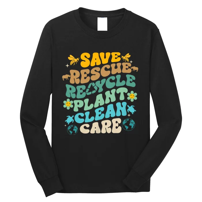 Retro Groovy Save Bees Rescue Animals Recycle Fun Earth Day Long Sleeve Shirt