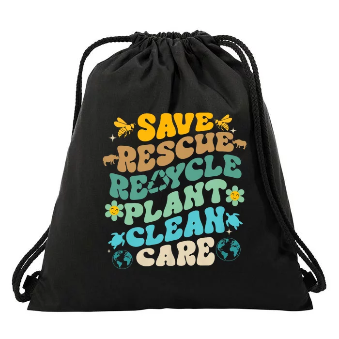 Retro Groovy Save Bees Rescue Animals Recycle Fun Earth Day Drawstring Bag