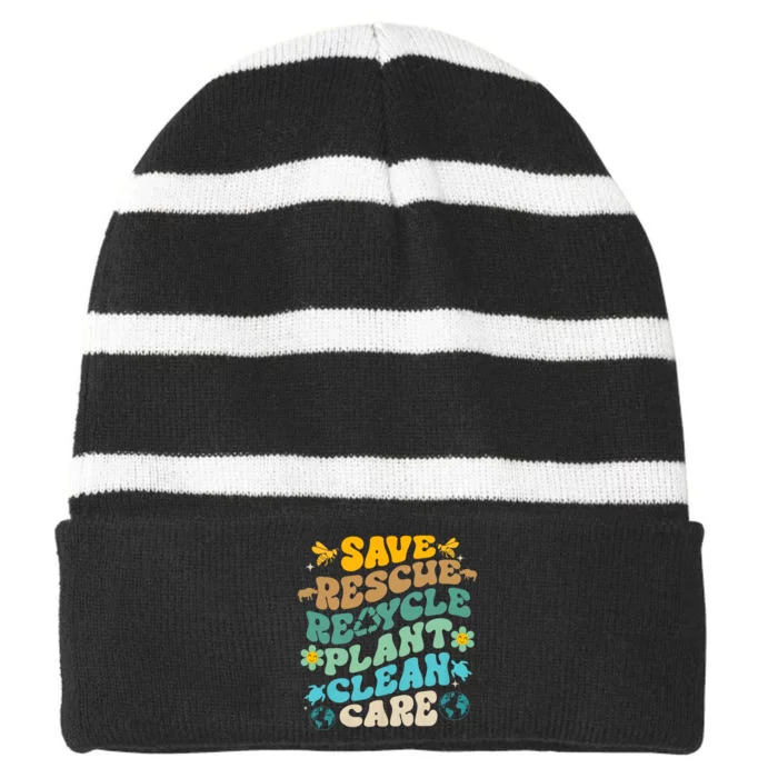 Retro Groovy Save Bees Rescue Animals Recycle Fun Earth Day Striped Beanie with Solid Band