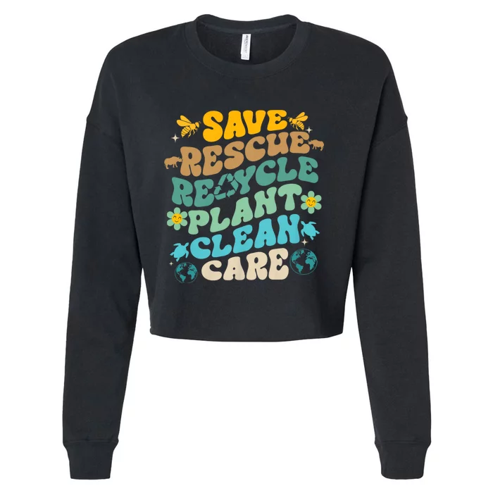 Retro Groovy Save Bees Rescue Animals Recycle Fun Earth Day Cropped Pullover Crew