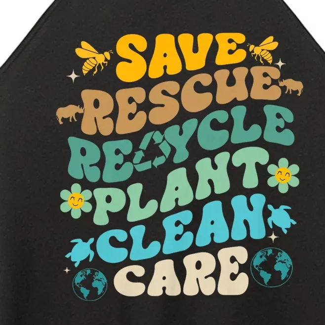 Retro Groovy Save Bees Rescue Animals Recycle Fun Earth Day Women’s Perfect Tri Rocker Tank