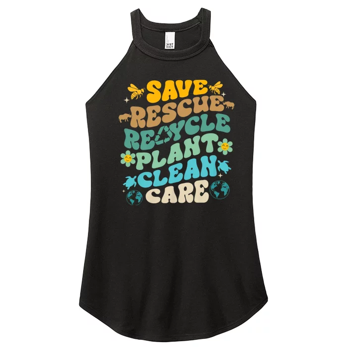 Retro Groovy Save Bees Rescue Animals Recycle Fun Earth Day Women’s Perfect Tri Rocker Tank