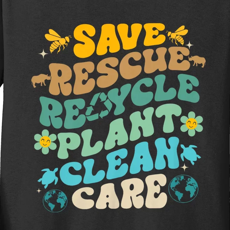 Retro Groovy Save Bees Rescue Animals Recycle Fun Earth Day Kids Long Sleeve Shirt