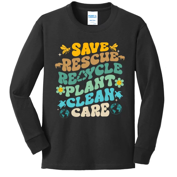 Retro Groovy Save Bees Rescue Animals Recycle Fun Earth Day Kids Long Sleeve Shirt