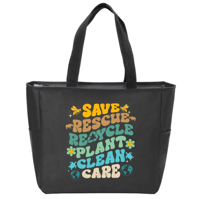 Retro Groovy Save Bees Rescue Animals Recycle Fun Earth Day Zip Tote Bag