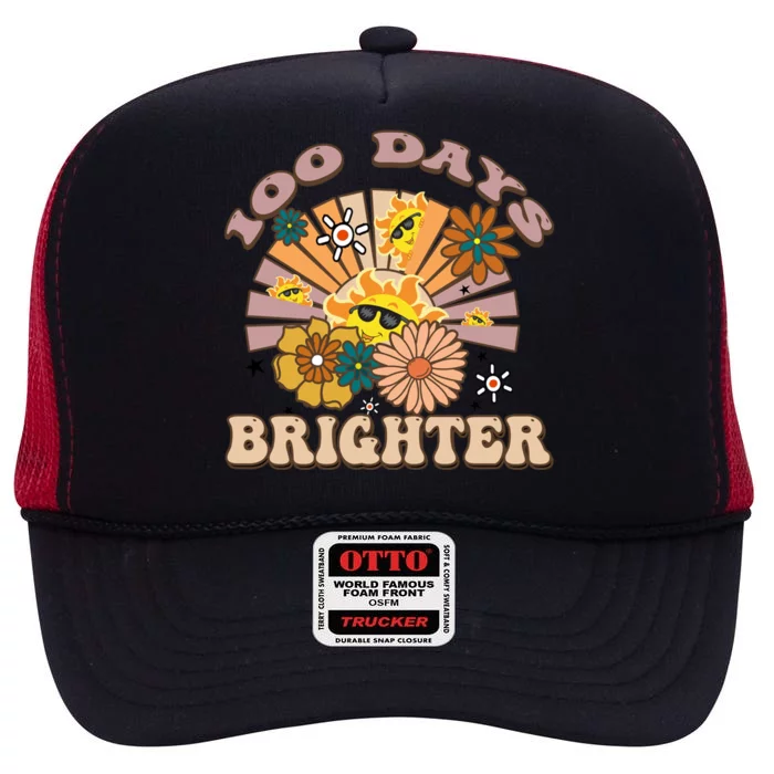 Retro Groovy Sunshine 100 Days Brighter Gift High Crown Mesh Trucker Hat