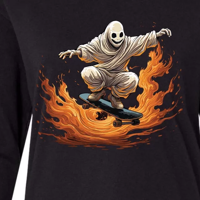 Retro Ghost Skateboard: Spooky Design For Halloween Lovers Cute Gift Womens Cotton Relaxed Long Sleeve T-Shirt