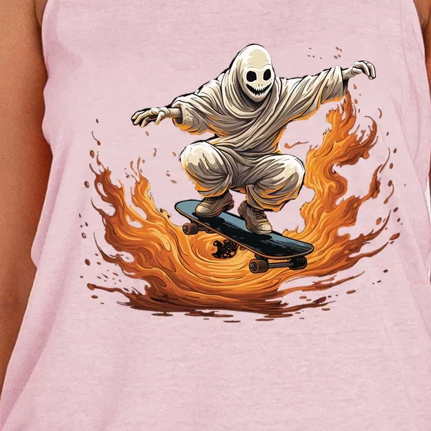 Retro Ghost Skateboard: Spooky Design For Halloween Lovers Cute Gift Women's Knotted Racerback Tank