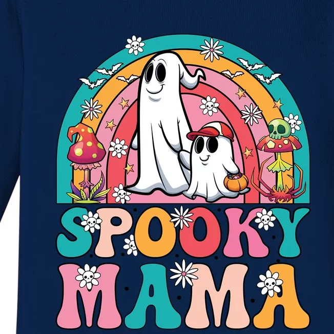 Retro Groovy Spooky Mama Floral Ghost Halloween Season Mommy Cute Gift Baby Long Sleeve Bodysuit