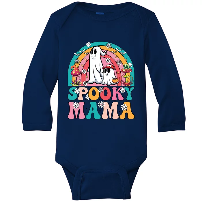 Retro Groovy Spooky Mama Floral Ghost Halloween Season Mommy Cute Gift Baby Long Sleeve Bodysuit