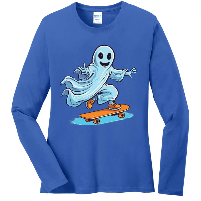 Retro Ghost Skateboard: Spooky Design For Halloween Lovers Gift Ladies Long Sleeve Shirt