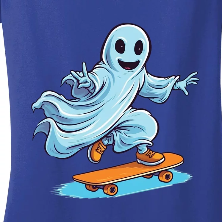 Retro Ghost Skateboard: Spooky Design For Halloween Lovers Gift Women's V-Neck T-Shirt