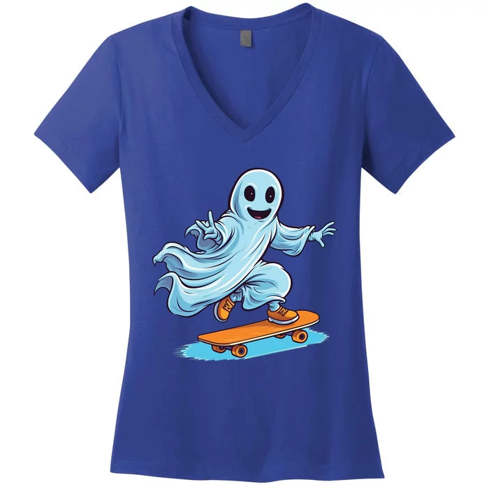 Retro Ghost Skateboard: Spooky Design For Halloween Lovers Gift Women's V-Neck T-Shirt