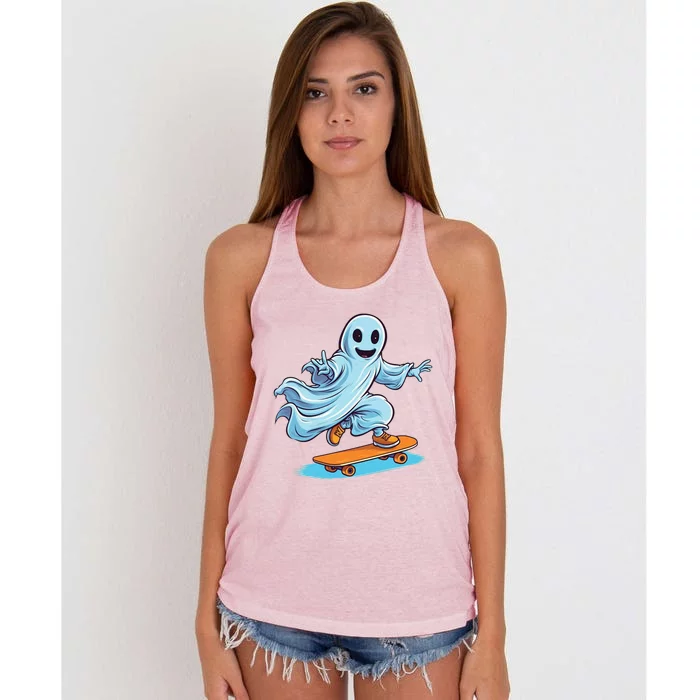 Retro Ghost Skateboard: Spooky Design For Halloween Lovers Gift Women's Knotted Racerback Tank