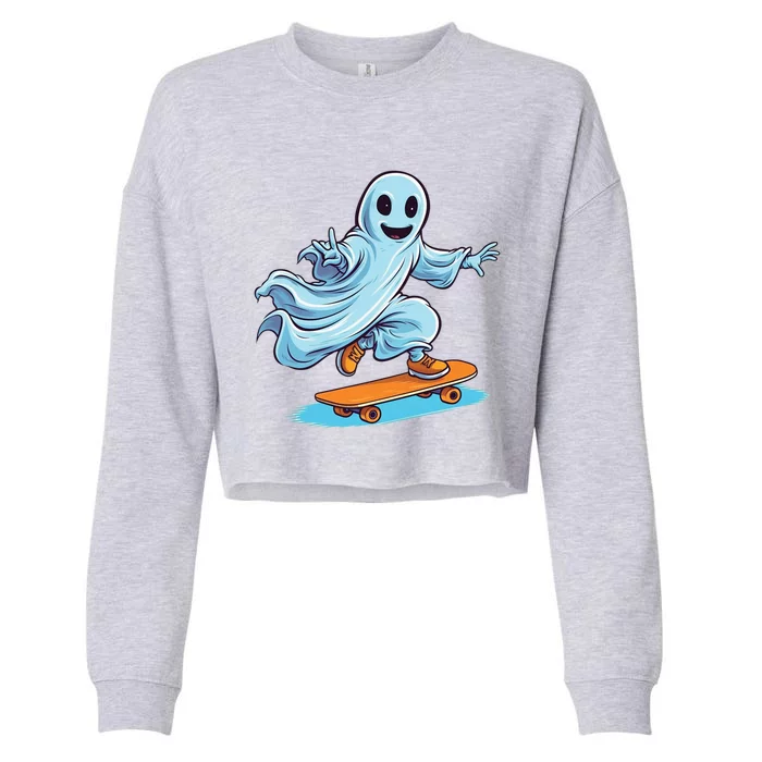 Retro Ghost Skateboard: Spooky Design For Halloween Lovers Gift Cropped Pullover Crew