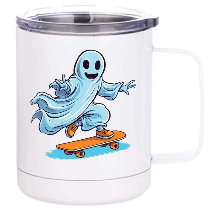 Retro Ghost Skateboard: Spooky Design For Halloween Lovers Gift Front & Back 12oz Stainless Steel Tumbler Cup