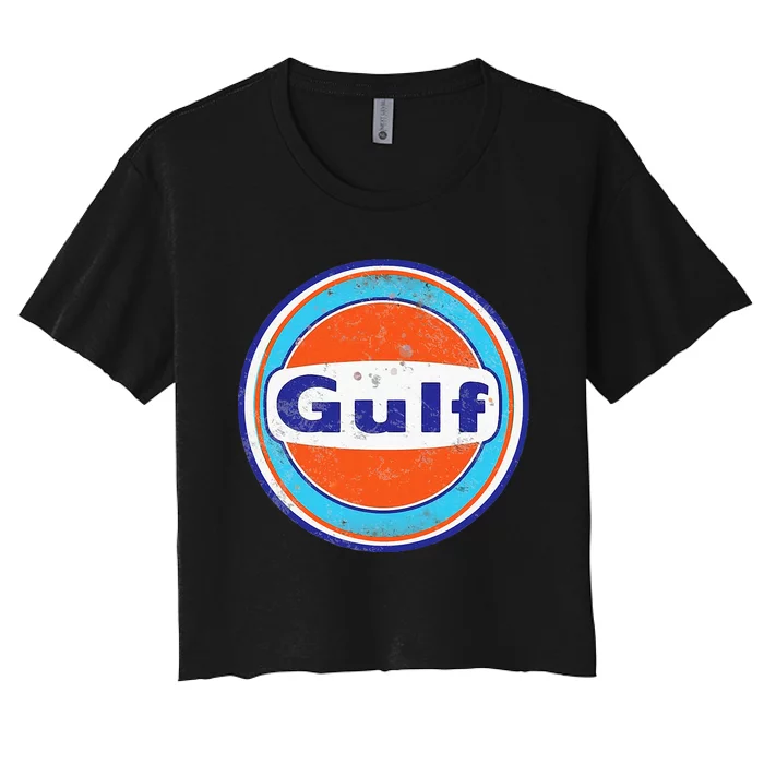 Retro Gas Station Gulf Motor Oil Car Bikes Garage Women's Crop Top Tee