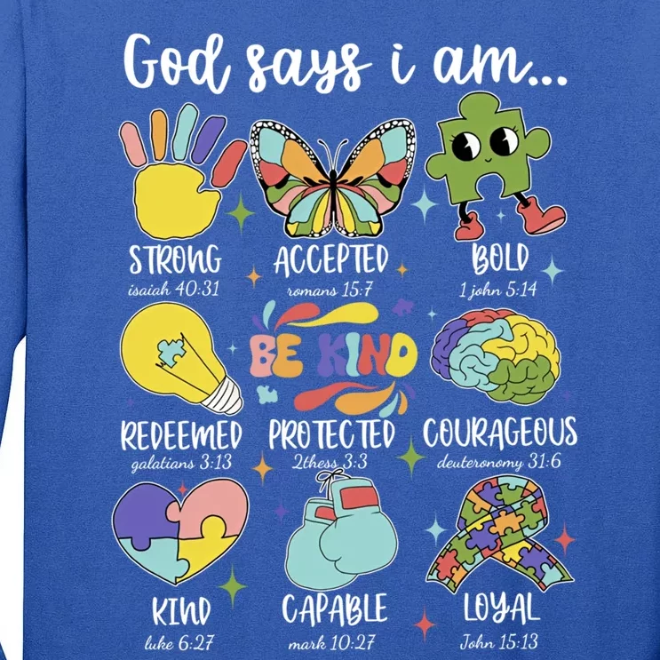 Retro God Says I Am Autism Be Kind Puzzle Autism Awareness Gift Tall Long Sleeve T-Shirt