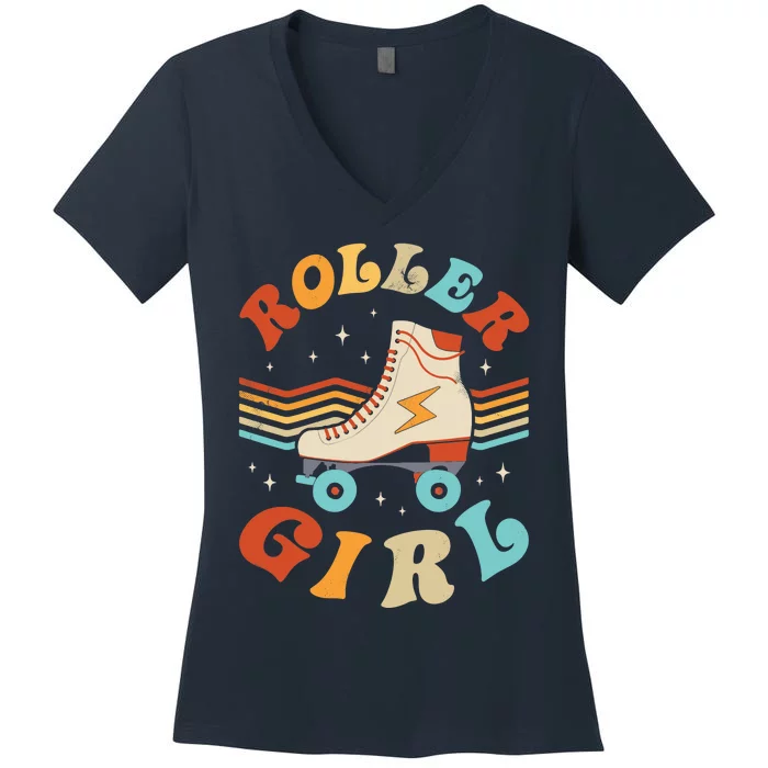 Roller Girl Skater Skating Retro Vintage 70s 80s Skates Women's V-Neck T-Shirt