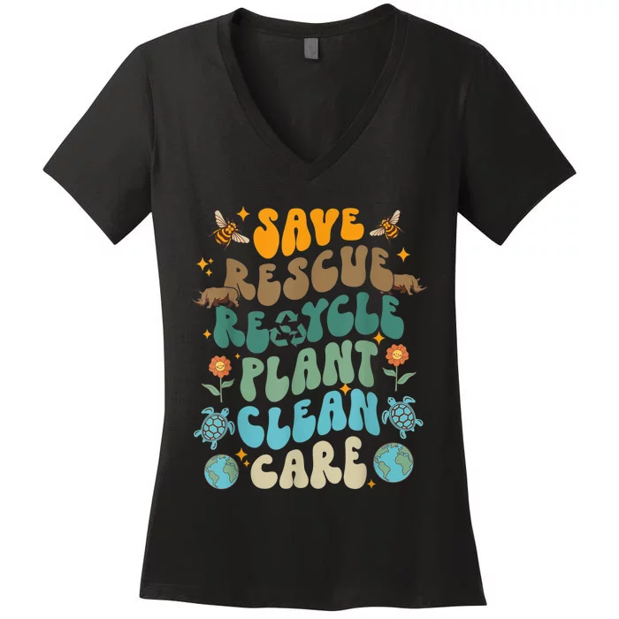 Retro Groovy Save Bees Rescue Animals Recycle Fun Earth Day Women's V-Neck T-Shirt