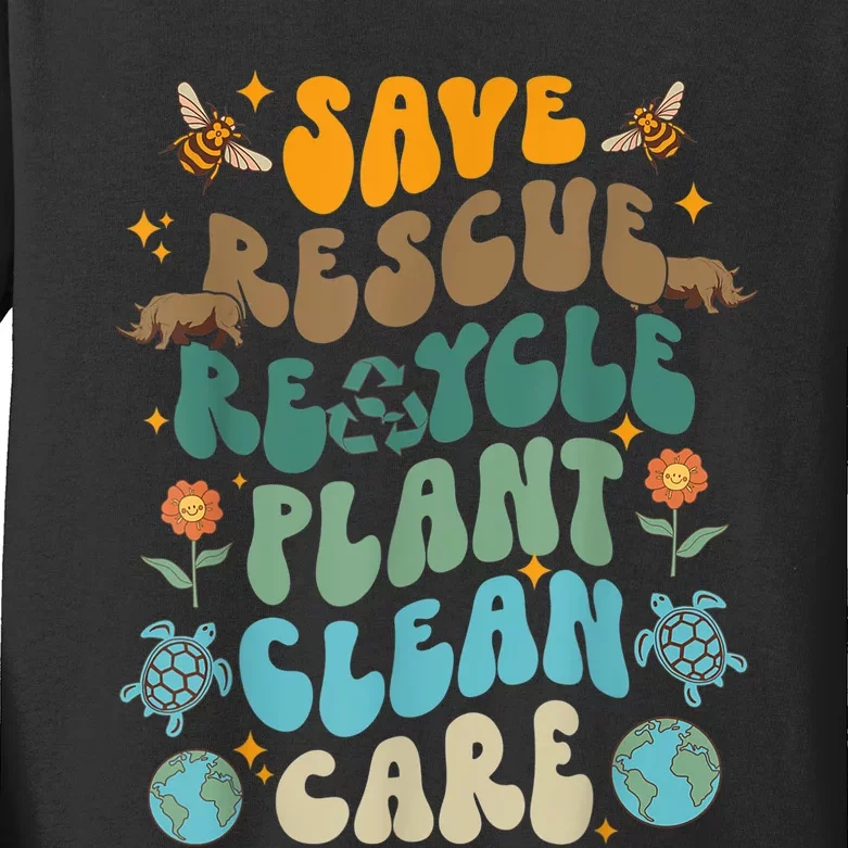 Retro Groovy Save Bees Rescue Animals Recycle Fun Earth Day Kids Long Sleeve Shirt