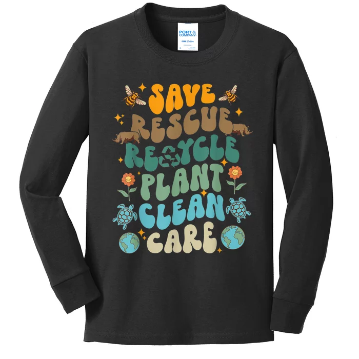 Retro Groovy Save Bees Rescue Animals Recycle Fun Earth Day Kids Long Sleeve Shirt