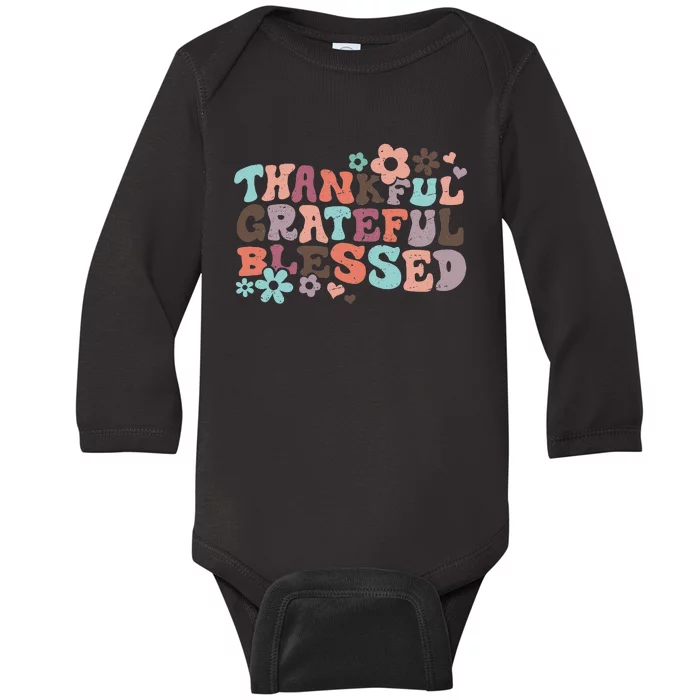 Retro Groovy Thankful Grateful Blessed Autumn Thanksgiving Baby Long Sleeve Bodysuit