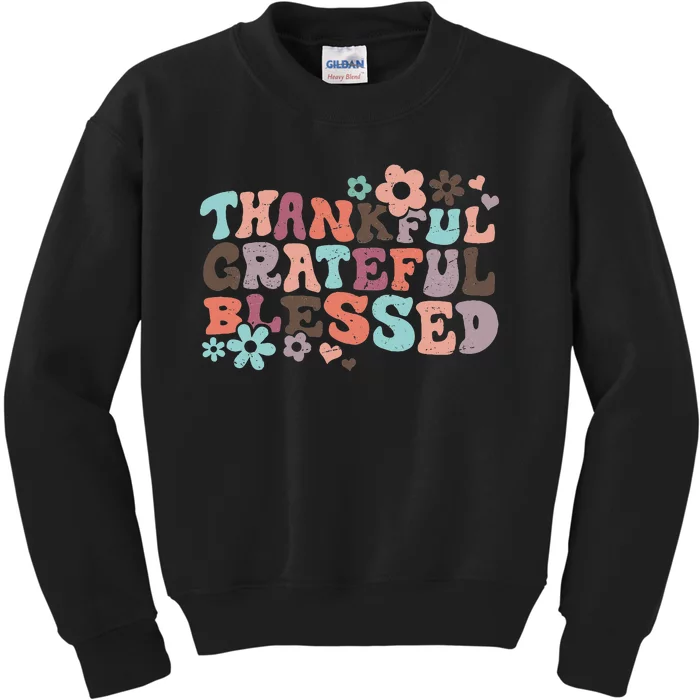 Retro Groovy Thankful Grateful Blessed Autumn Thanksgiving Kids Sweatshirt