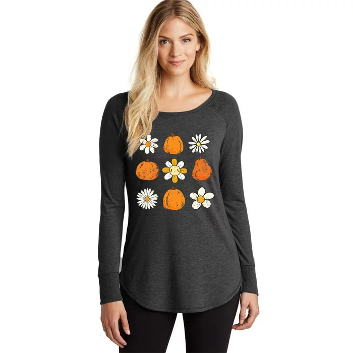 Retro Groovy Thanksgiving Fall Vibes Daisy Flower Pumpkin Women's Perfect Tri Tunic Long Sleeve Shirt