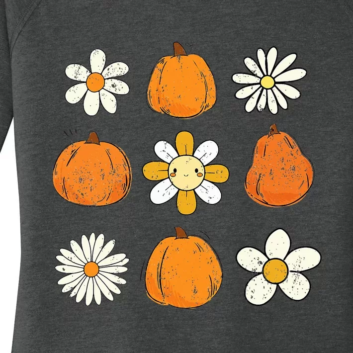 Retro Groovy Thanksgiving Fall Vibes Daisy Flower Pumpkin Women's Perfect Tri Tunic Long Sleeve Shirt