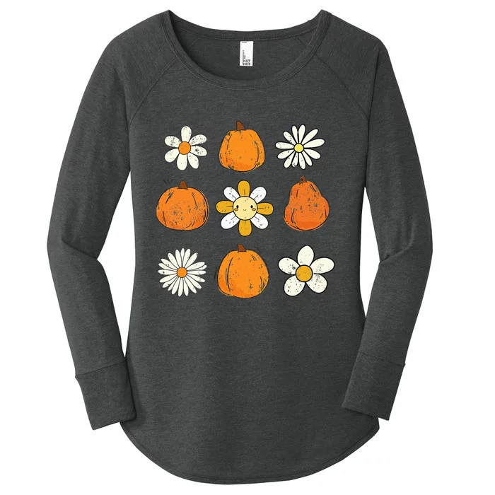 Retro Groovy Thanksgiving Fall Vibes Daisy Flower Pumpkin Women's Perfect Tri Tunic Long Sleeve Shirt