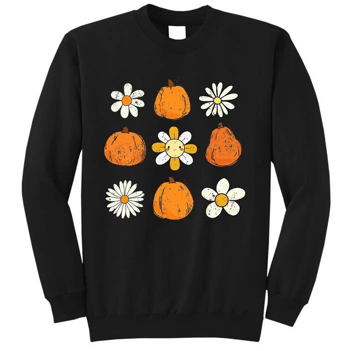 Retro Groovy Thanksgiving Fall Vibes Daisy Flower Pumpkin Tall Sweatshirt