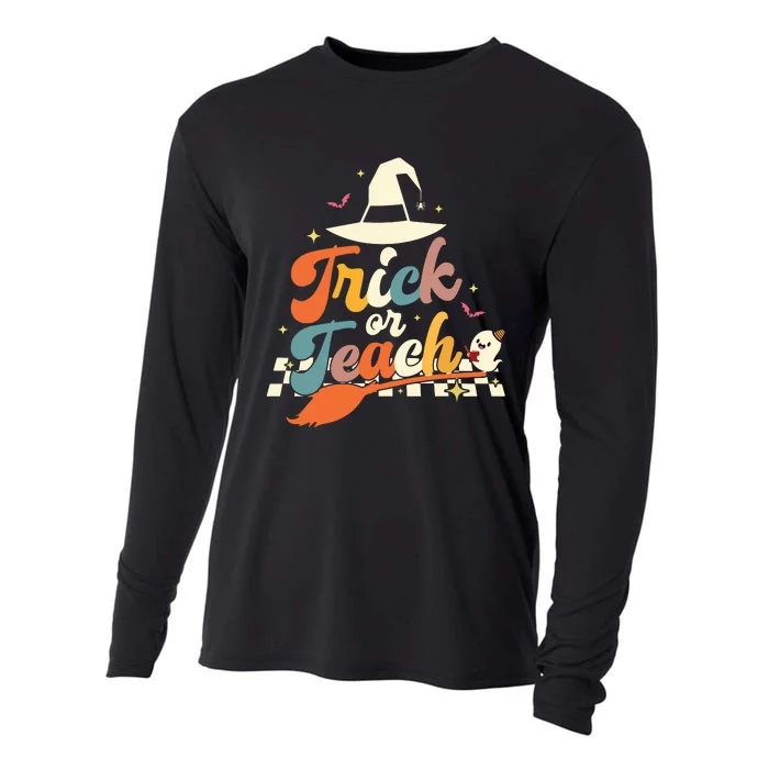 Retro Groovy Trick Or Teach Halloween Ghost Spooky Teacher Cooling Performance Long Sleeve Crew