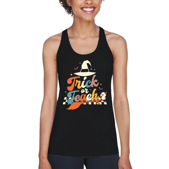 Retro Groovy Trick Or Teach Halloween Ghost Spooky Teacher Women's Racerback Tank